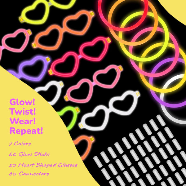 Glow In The Dark Stick Bracelets & Heart-Shaped Eye Glasses - Assorted Set