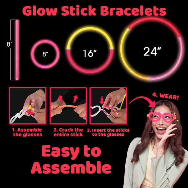 Glow In The Dark Stick Bracelets & Heart-Shaped Eye Glasses - Assorted Set