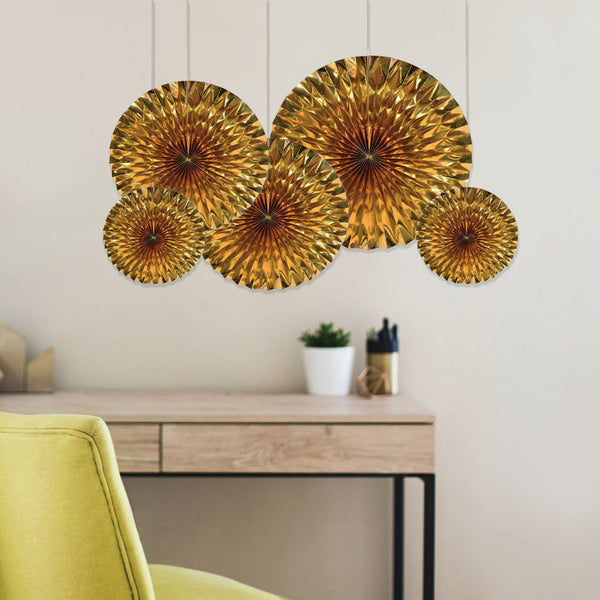 Gold Metallic Fans - 5 Per Pack