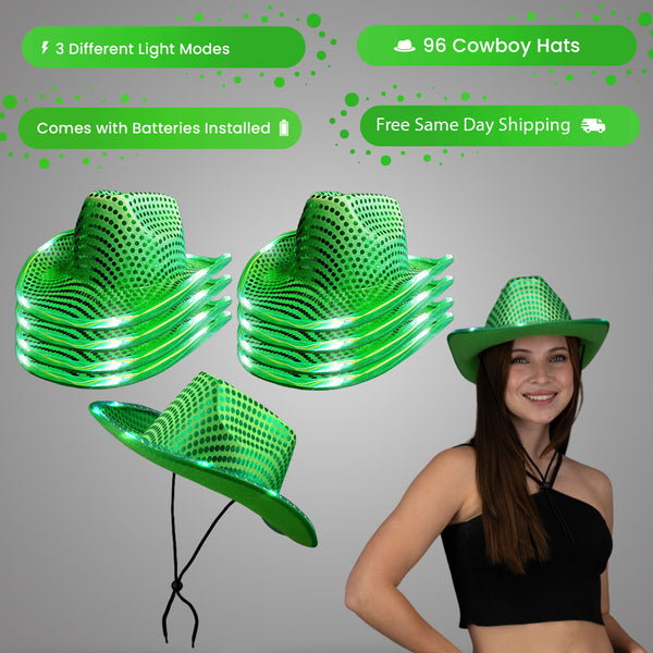 LED Light Up Flashing Sequin Green Cowboy Hat - Pack of 96 Hats