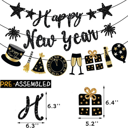 Happy New Year Banner Black Glitter Pre-Strung New Years Sign NYE Banner