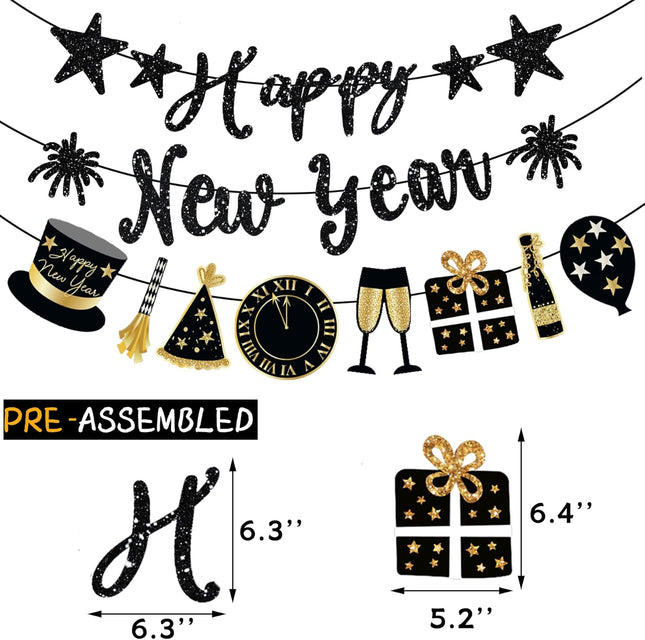 Happy New Year Banner Black Glitter Pre-Strung New Years Sign NYE Banner