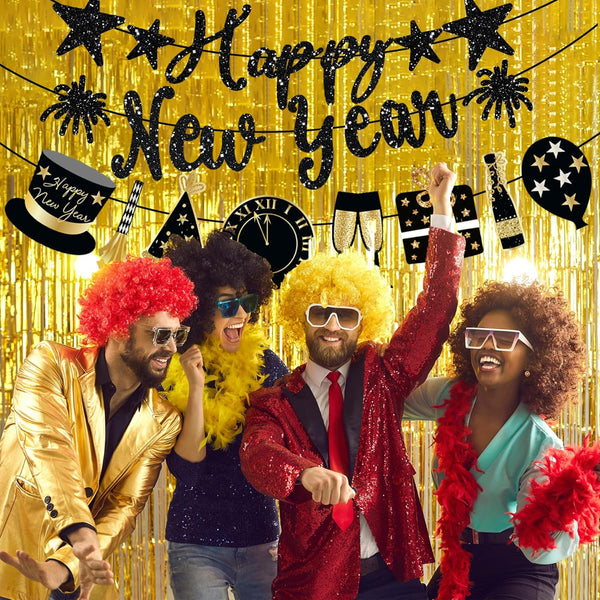 Happy New Year Banner Black Glitter Pre-Strung New Years Sign NYE Banner