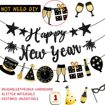 Happy New Year Banner Black Glitter Pre-Strung New Years Sign NYE Banner