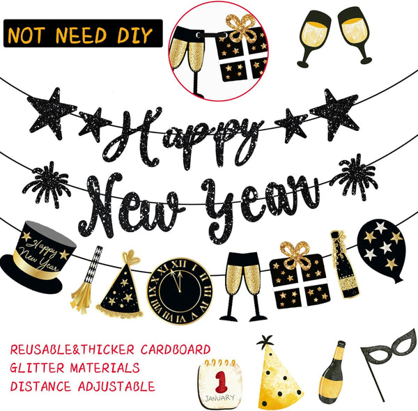 Happy New Year Banner Black Glitter Pre-Strung New Years Sign NYE Banner