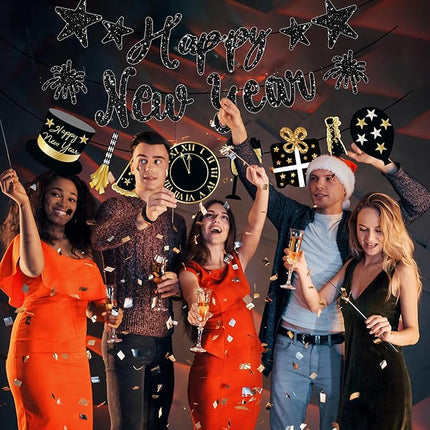 Happy New Year Banner Black Glitter Pre-Strung New Years Sign NYE Banner