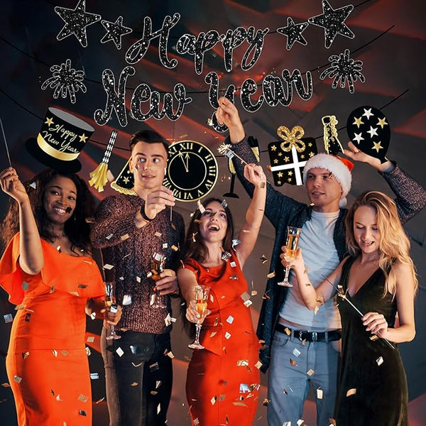 Happy New Year Banner Black Glitter Pre-Strung New Years Sign NYE Banner