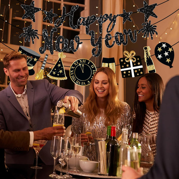 Happy New Year Banner Black Glitter Pre-Strung New Years Sign NYE Banner