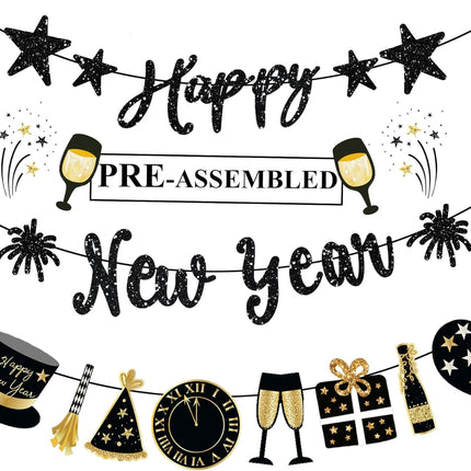 Happy New Year Banner Black Glitter Pre-Strung New Years Sign NYE Banner