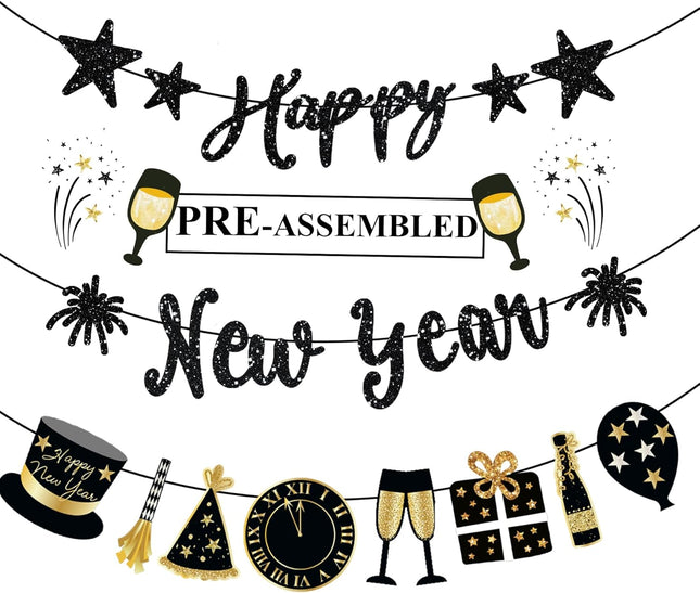 Happy New Year Banner Black Glitter Pre-Strung New Years Sign NYE Banner
