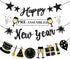 Happy New Year Banner Black Glitter Pre-Strung New Years Sign NYE Banner