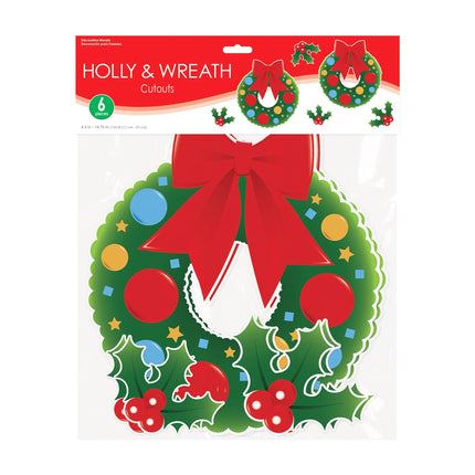 Holly & Wreath Christmas Cutouts - 6 Per Pack
