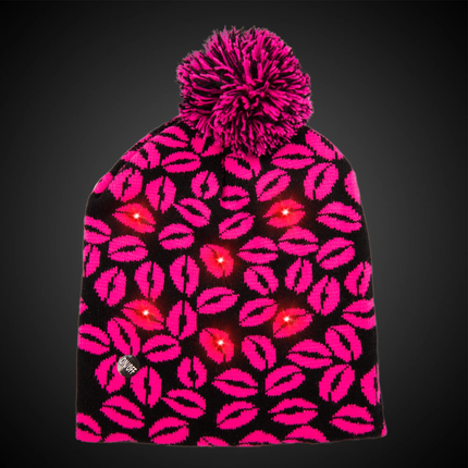 LED Kisses Knit Beanie - Light Up Pink Lips Winter Hat with Pom Pom