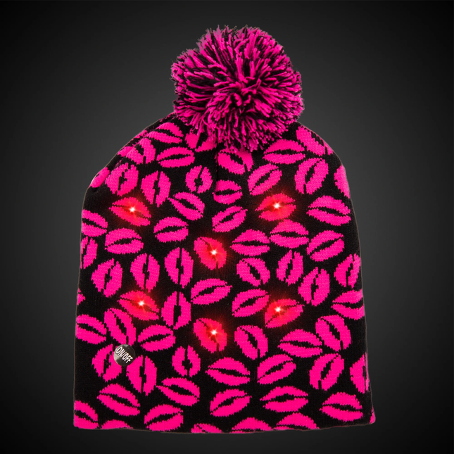 LED Kisses Knit Beanie - Light Up Pink Lips Winter Hat with Pom Pom