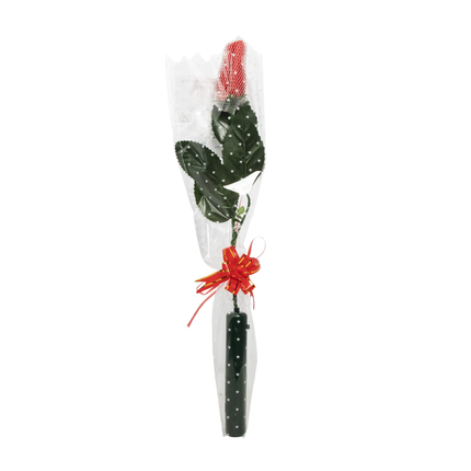 Single 14 inch LED red rose in cellophane wrapper with decorative ribbon