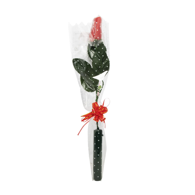Single 14 inch LED red rose in cellophane wrapper with decorative ribbon