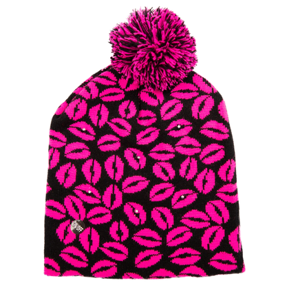 LED Kisses Knit Beanie - Light Up Pink Lips Winter Hat with Pom Pom