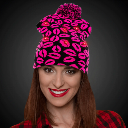 LED Kisses Knit Beanie - Light Up Pink Lips Winter Hat with Pom Pom
