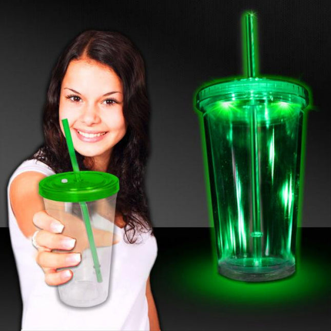 LED 16 oz Tumbler With Green Lid & Straw