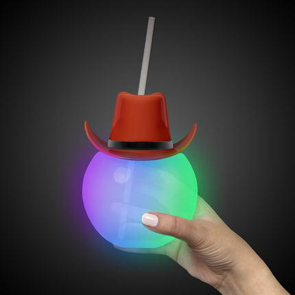 Light Up Brown Cowboy Hat Ball Cup With Straw