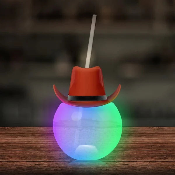 LED Brown Cowboy Hat Ball Cup With Straw