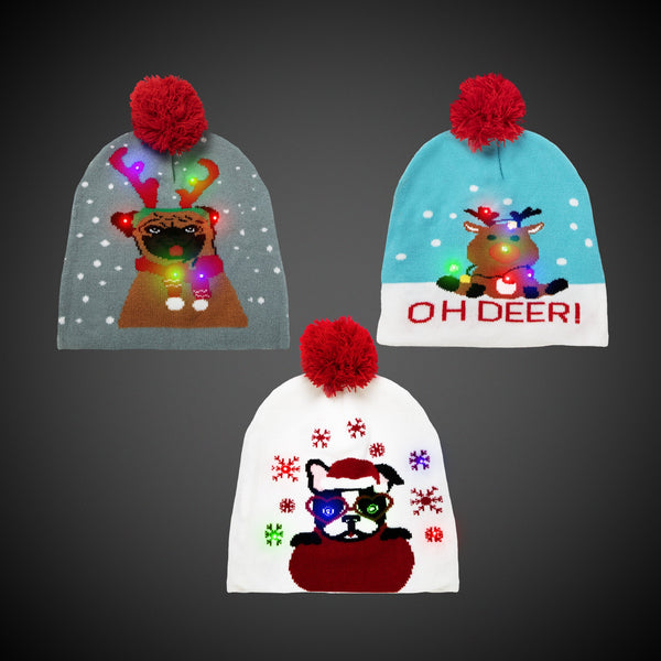 LED Christmas Knit Beanies Retail Hanging Display - 24 Assorted Hats Per Pack
