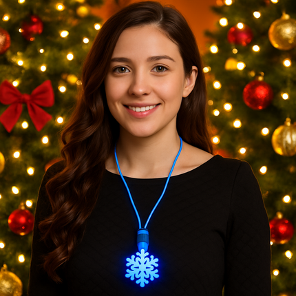 LED Light Up Flashing Blue Snowflake Pendant Necklace