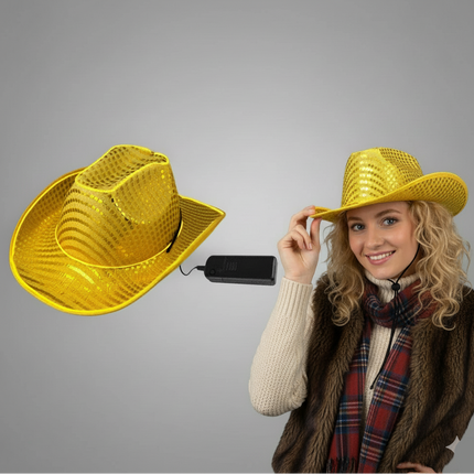 Gold LED Flashing EL Wire Glow Sequin Cowboy Party Hat