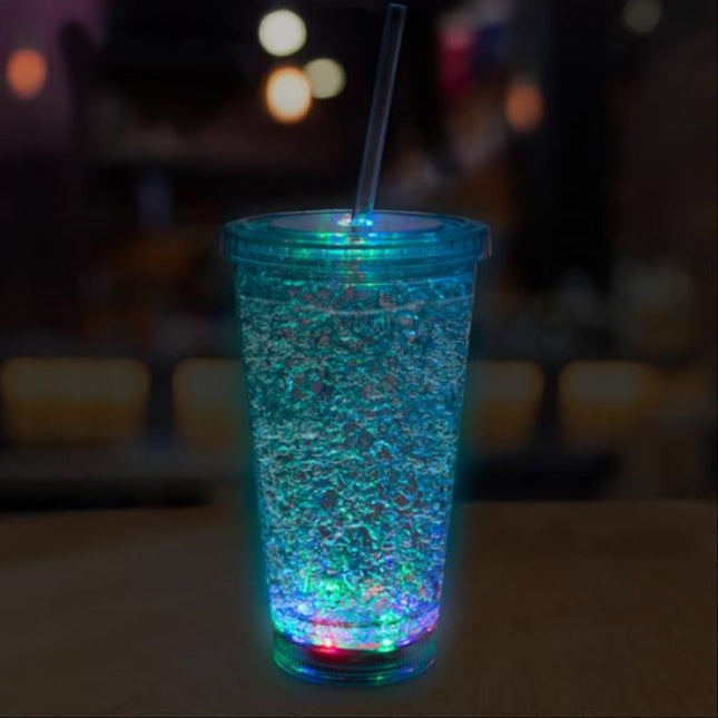 LED Light Up 16 Oz Crystal Tumbler With Lid And Straw - Multi Color