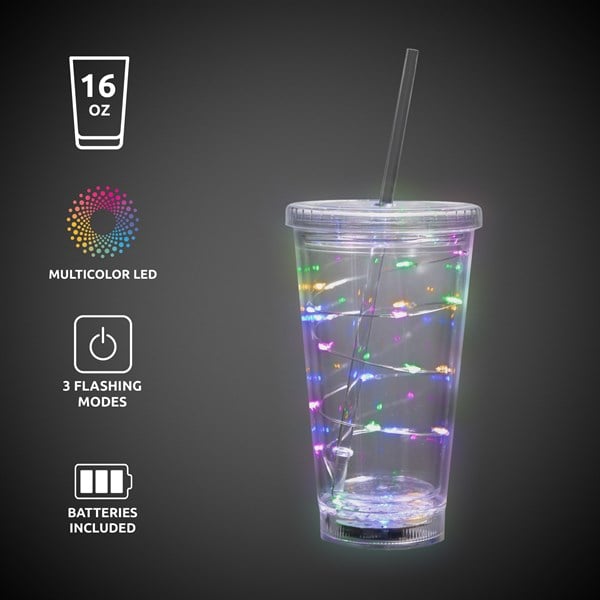 LED Multi-Color Light Up 16 Oz String Double Wall Tumbler With Lid & Straw