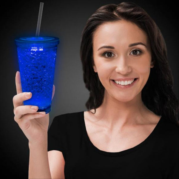 LED Light Up Blue 16 Oz Crystal Tumbler With Lid And Straw