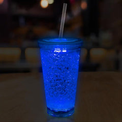 LED Light Up Blue 16 Oz Crystal Tumbler With Lid And Straw