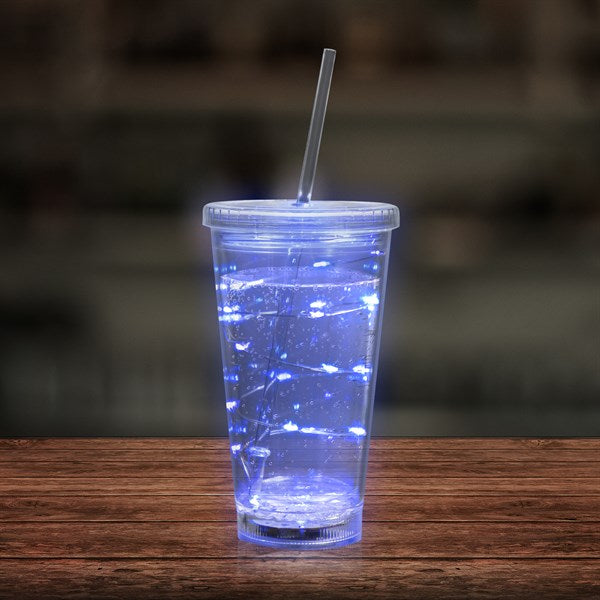 LED Light Up Blue 16 Oz String Double Wall Tumbler With Lid & Straw