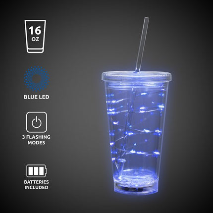 LED Light Up Blue 16 Oz String Double Wall Tumbler With Lid & Straw