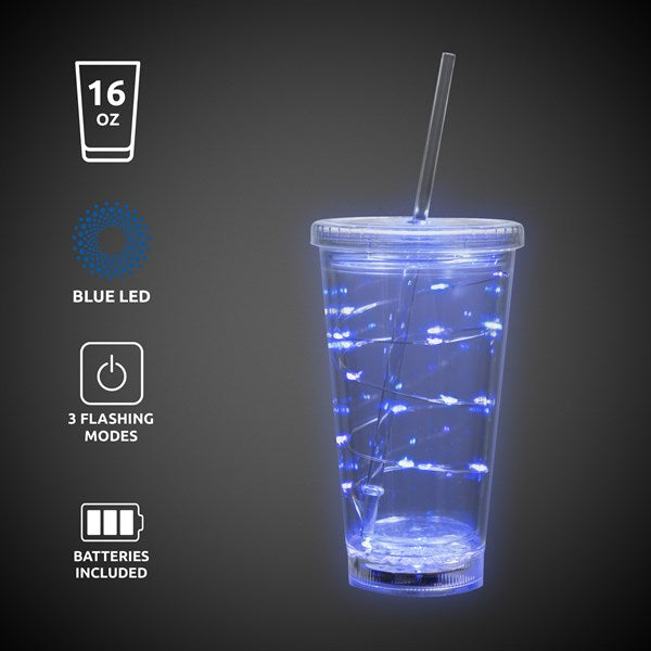 LED Light Up Blue 16 Oz String Double Wall Tumbler With Lid & Straw