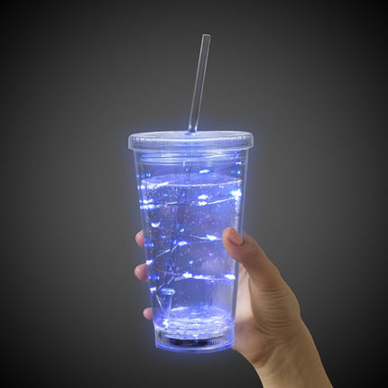 LED Light Up Blue 16 Oz String Double Wall Tumbler With Lid & Straw
