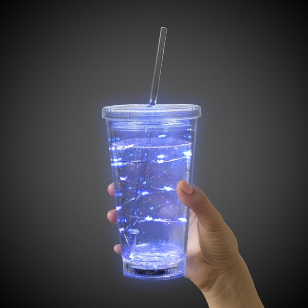 LED Light Up Blue 16 Oz String Double Wall Tumbler With Lid & Straw