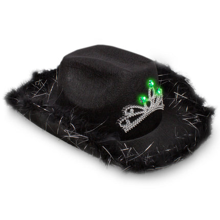 LED Light Up Black Feather Cowboy Hat With Tiara