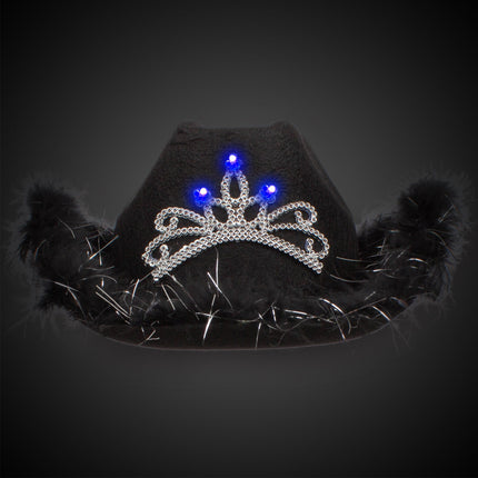 LED Light Up Black Feather Cowboy Hat With Tiara