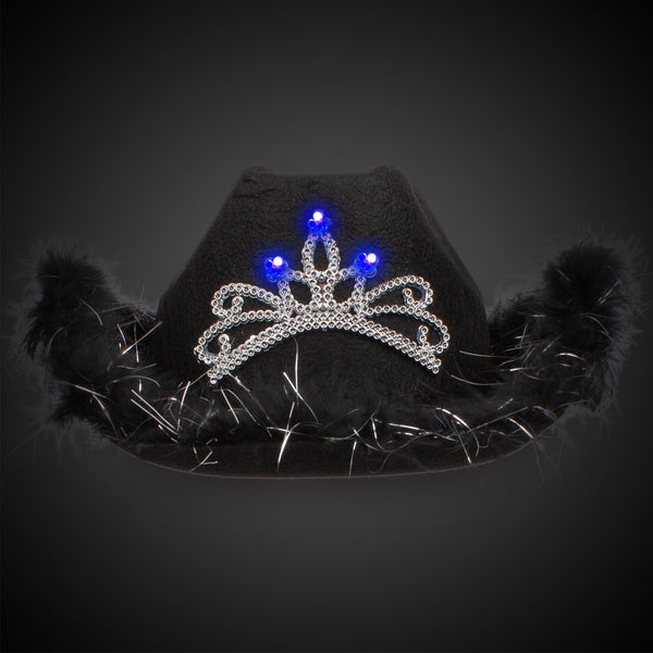 LED Light Up Black Feather Cowboy Hat With Tiara