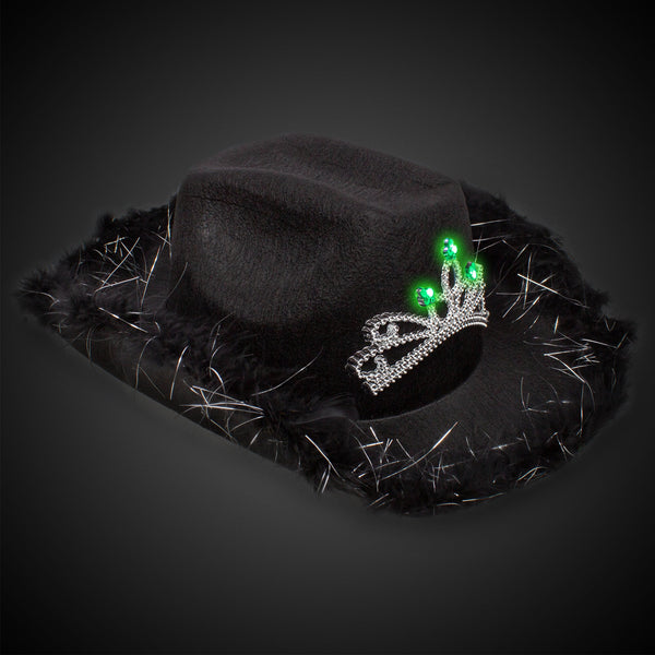 LED Light Up Black Feather Cowboy Hat With Tiara