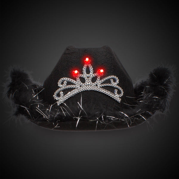 LED Light Up Black Feather Cowboy Hat With Tiara