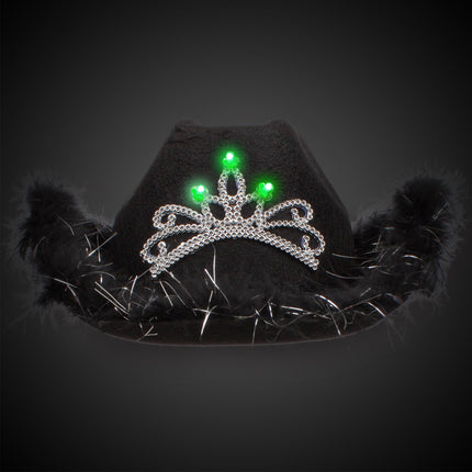 LED Light Up Black Feather Cowboy Hat With Tiara