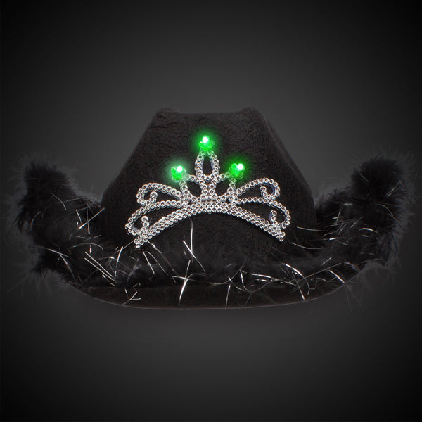 LED Light Up Black Feather Cowboy Hat With Tiara