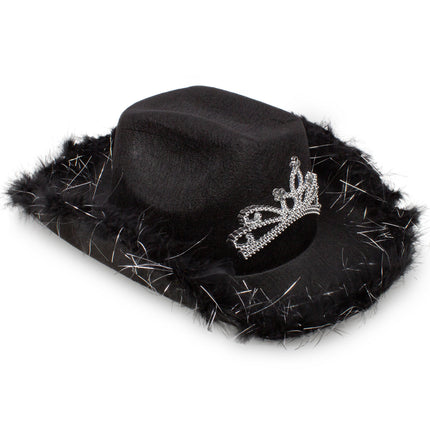 LED Light Up Black Feather Cowboy Hat With Tiara