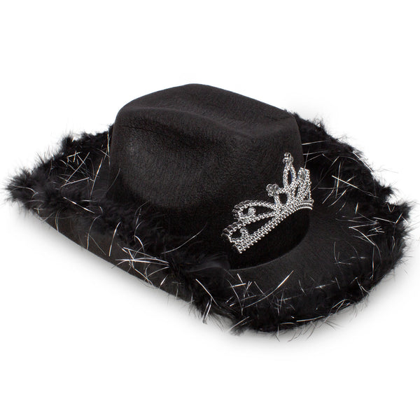 LED Light Up Black Feather Cowboy Hat With Tiara