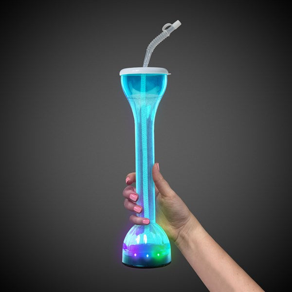 LED Light Up Flashing Blue 17 Oz Yard Glass With Straw