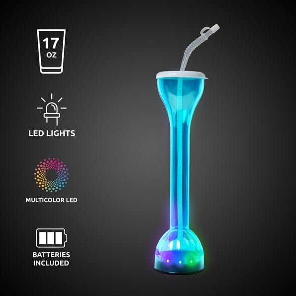 LED Light Up Flashing Blue 17 Oz Yard Glass With Straw