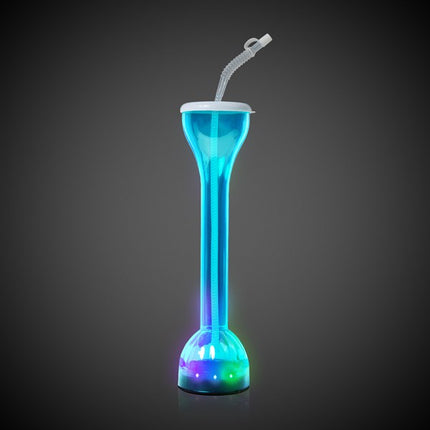 LED Light Up Flashing Blue 17 Oz Yard Glass With Straw