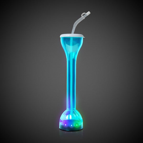 LED Light Up Flashing Blue 17 Oz Yard Glass With Straw